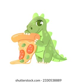 Cute green dragon or dinosaur is holding a piece of pizza in his hands.