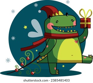 cute green dragon dragging christmas tree