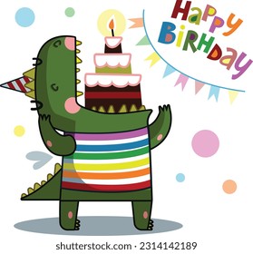 cute green dragon eating cake