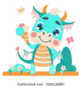 Cute green dragon eats delicious ice cream. Vector illustrations in a flat cartoon style for design, prints, greeting cards, patterns. fantastic character baby dragon symbol 2024