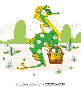 Jardinero de dragón verde dulce con flores de margarita aislado en un fondo blanco. El símbolo del año del dragón. Caricatura de ilustración de vector