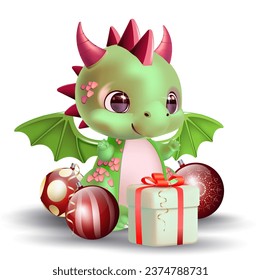 Cute green dragon with gifts next to New Year's decor. 