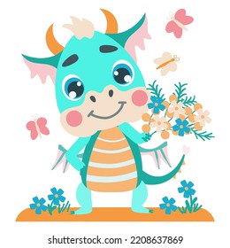 Cute green dragon holding a bouquet of spring flowers. Vector illustrations in a flat cartoon style for design, prints, greeting cards, patterns. fantastic character baby dragon 2024