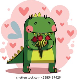 cute green dragon holding a bouquet of tulips in his hands