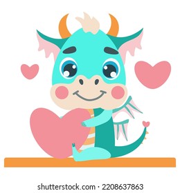 Cute green dragon is holding a pink heart - a gift for Valentine's day. Vector illustrations in a flat cartoon style for design, prints, greeting cards, patterns. fantastic character baby dragon 2024