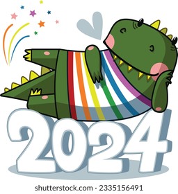 
cute green dragon lies on snowy numbers 2024