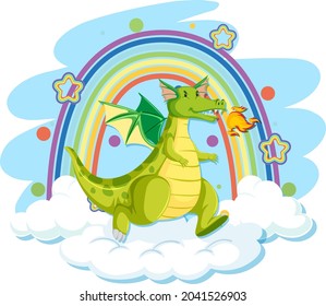 Cute green dragon on the cloud with rainbow illustration
