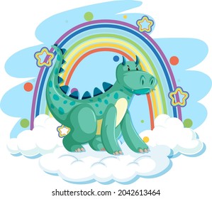 Cute green dragon on the cloud with rainbow illustration