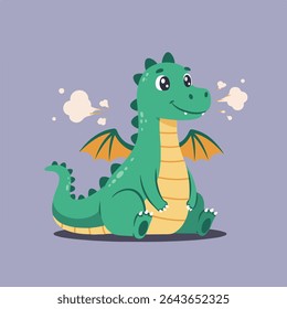 A cute green dragon with orange wings is sitting on the ground and smiling.