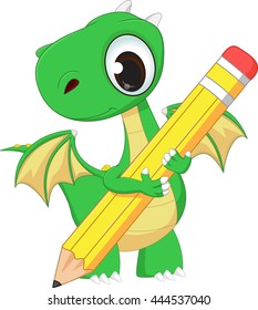 cute green dragon with pencil