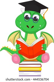cute green dragon reading a book while sitting on a pile of books
