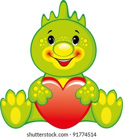 Cute green dragon with a red heart. Valentines day.