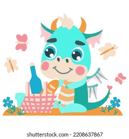 cute green dragon is sitting in a clearing with a picnic basket. Vector illustrations in a flat cartoon style for design, prints, greeting cards, patterns. fantastic character baby dragon 2024