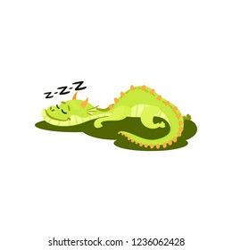 Cute green dragon sleeping on grass. Fantastic animal with small horns and long tail. Flat vector design