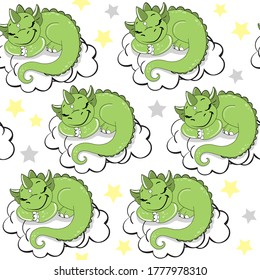 Cute green dragon is sleeping on a cloud on a white background isolated seamless pattern