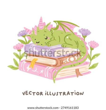 Cute Green Dragon Sleeping on Books, Kawaii Fantasy Dragon Clipart, Baby Dragon Nap Illustration, Magical Storybook Character