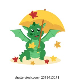 Cute green dragon with umbrella and autumn leaves. Smiling cartoon character. Fall season. Vector illustration for children