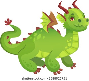 Cute green dragon walking and smiling, showing its friendly nature, ideal for children s books, fantasy stories, games, and any project that needs a touch of magic and wonder