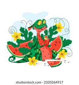 Cute green dragon with watermelon fruit, flower and leaves isolated on white background. Symbol of year. Vector illustration magic reptile creature character
