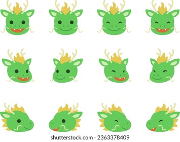 Cute green dragons face icon set