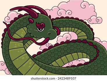 Cute green earth dragon in the pink clouds. Chinese new year greeting card in cartoon art style. Ready to print vector illustration.