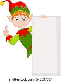 Cute green elf holding blank sign and giving thumbs up 