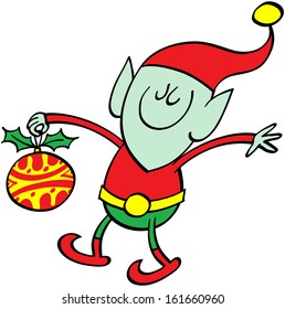 Cute green elf with pointy ears wearing a red hat, walking and holding a Christmas bauble with his right hand