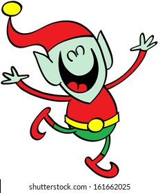 Cute green elf with pointy ears and red hat while laughing and wide opening his arms to give a hug