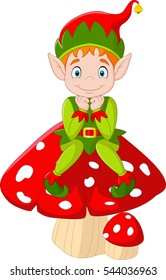 Cute green elf sitting on mushroom
