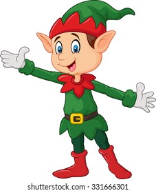 Cute green elf waving hand. isolated on white background
