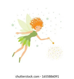 Cute green fairy in flight with a magic wand