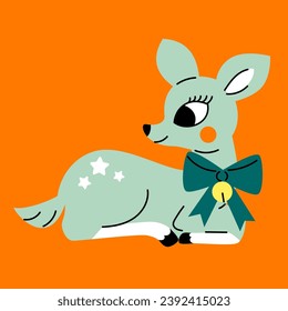 Cute green fawn in 1950s retro style. Vintage Christmas deer postcard, invitation template. Hand drawn vector illustration. 