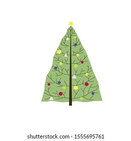Cute green fir, spruce. Vector illustration in Kids style. Print or Poster Design for Kids, Greeting Card, dishes and clothes, Christmas theme.