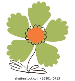 Flor verde bonito com decorações simples da linha do pincel. Planta colorida com esboços lineares bonitos de ramos isolados no fundo branco. Natureza ervas perfeito para convites, cartões, cartazes, feriados