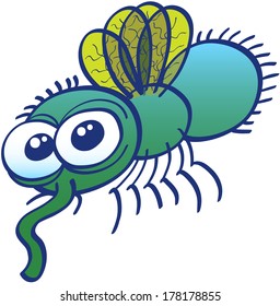 Cute green fly with big bulging eyes, four yellow wings, a long proboscis and tiny legs while floating, posing, staring at you and looking disturbingly harmless