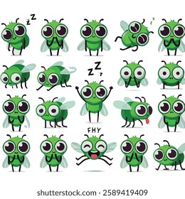 Cute green fly with different emotions
