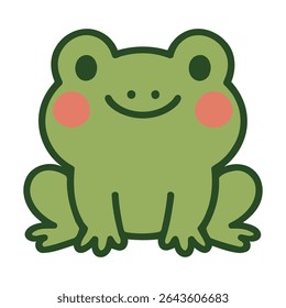 Sapo verde bonito com grandes bochechas vermelhas e um sorriso simples no estilo de desenho animado kawaii. Ótimo para crianças, adesivos e projetos divertidos. Vetor EPS, totalmente escalável e editável.