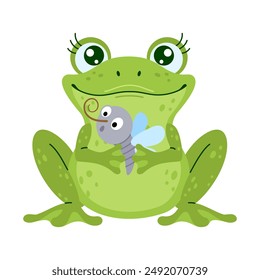 Cute green frog with big eyes and eyelashes holding a mosquito with blue wings. The little frog is sitting. Animal illustration concept Hand drawn trendy flat style isolated vector illustration