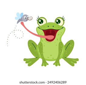 Cute green frog with big eyes and eyelashes catching mosquito with tongue. The little Cartoon frog is sitting. playful animal, nature concept Hand drawn trendy flat style isolated vector illustration