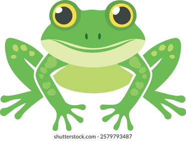 Cute green frog with big eyes and spotted legs, sitting in a cheerful pose