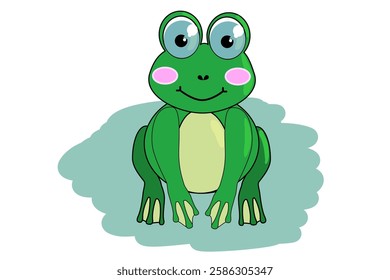 Cute, green frog with big eyes with blue color. Little frog on a light background. Pink cheeks, smile. Doodle design, tile, background, repeat, wallpaper, scarf, isolated, cartoon, illustration.