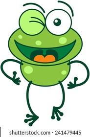 Cute green frog with bulging eyes and long legs while winking and making thumbs up hand gestures