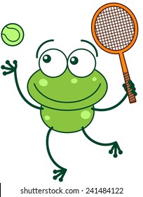 Cute green frog with bulging eyes and long legs while preparing to hit a tennis ball with a racket as for serving