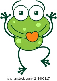 Cute green frog and bulging eyes   long legs while sticking its tongue out   making funny faces in very amusing way