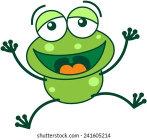 Cute green frog and bulging eyes   long legs while jumping high   stretching its arms   legs as for celebrating something