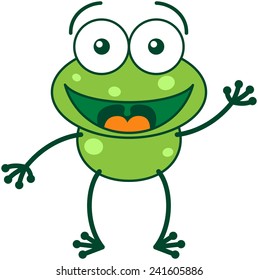 Cute green frog and bulging eyes   long legs while waving   greeting enthusiastically