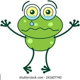 Cute green frog and bulging eyes   long legs while raising its arms  crying bitterly   feeling sad