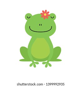 Cute green frog cartoon character isolated on white background