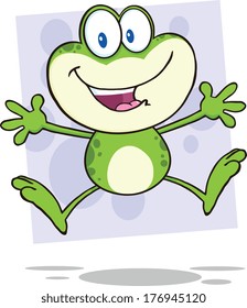 Cute Green Frog Cartoon Character Jumping. Vector Illustration