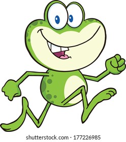 Cute Green Frog Cartoon Character Running. Vector Illustration Isolated on white